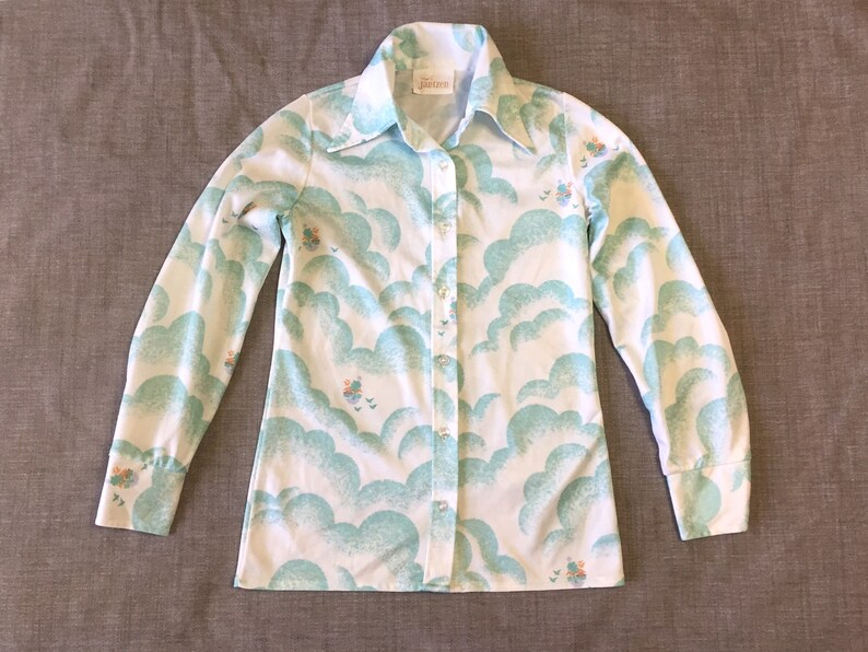 Womens Vintage 1970s Long Sleeved Mint Orange Beach tropical tiki cabana Bird Sky Dress Shirt size small extra small