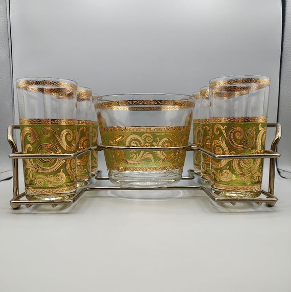Highball Glasses Set of 6 Ice Bucket Caddy / Mid Century High Ball