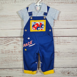 Vintage Baby Jumper / Baby Overall Shirt Set  / 1980s 80s Baby Outfit / Blue White / 12M 12 Months
