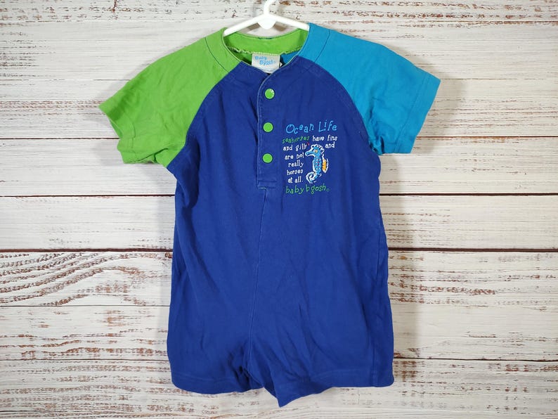 May include: Blue, green, and turquoise baby romper with short sleeves. The romper has a button-up front and features the text "Ocean Life" with a seahorse graphic. The sleeves are green and turquoise.