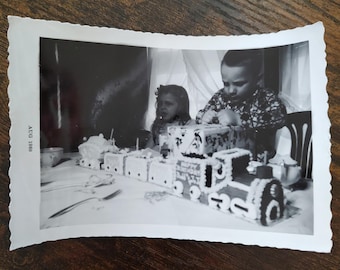 Cute Kids Decorating Christmas Gingerbread House Train Santa Claus / Art Antique Photography / Original Vintage Photo Snapshot / Found Photo