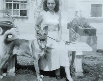 Pretty Young Woman Sitting With Puppy Dog Playing German Shepherd / Art Antique Photography / Original Vintage Photo Snapshot / Found Photo