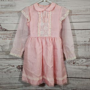 Vintage Dress / Vintage Girls Dress / Pink White Lace Sheer Dress / Girly Dress / 1980s 80s Kids Dress / Size 10 Girls