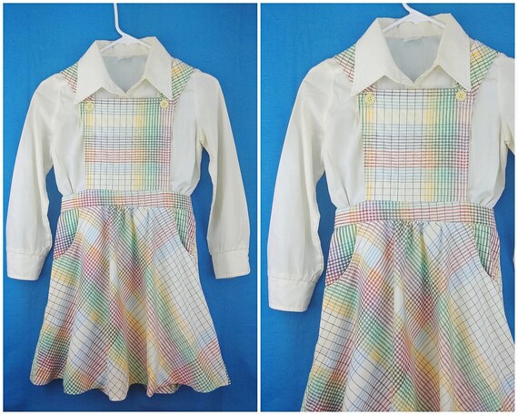 Vintage 1970s Girls Plaid Shirt Pinafore Dress Set