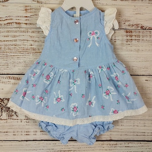 Vintage Baby Set / Infant Dress Shirt Bloomers Outfit / Blue White Set / Newborn 3M 3 Months 6M 6 months
