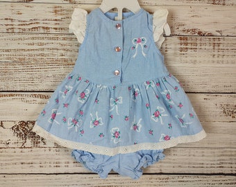 Vintage Baby Set / Infant Dress Shirt Bloomers Outfit / Blue White Set / Newborn 3M 3 Months 6M 6 months