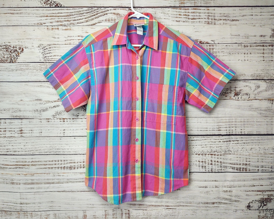 Vintage Button up Shirt / 1990s 90s Retro Plaid Shirt / Pink Blue / Top Small S Etsy