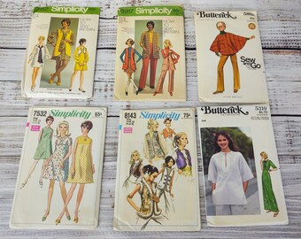 Vintage Mod Dress Pattern Lot of 6 / Dress Pant Suit Pattern Poncho / Retro 1970s 70s 1960s 60s