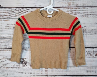 Vintage Kids Ugly Sweater / Retro V Neck Sweater / Brown Green Red Striped Stripes Sweater / Girls Boys Sweater / Size 6