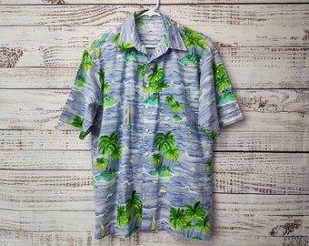 Vintage Shirt / Tiki Hawaiian Shirt / Vacation Shirt Mens Top / Button Up / Blue Green White Gray / Medium M Large L