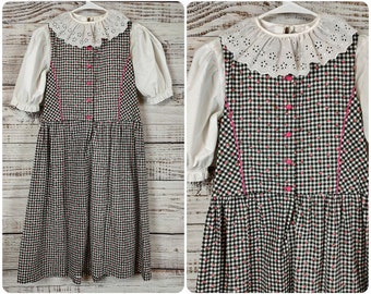 Vintage Dress / Vintage Girls Dress / Gingham Black White Dress / 1980s 80s / Medium M Large L