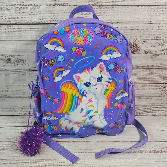 Vintage Vinyl LISA FRANK Bookbag Backpack Chrissy Angel Kitty Cat / Back Pack 1990s 90s / Retro Back Pack / Purple Rainbow