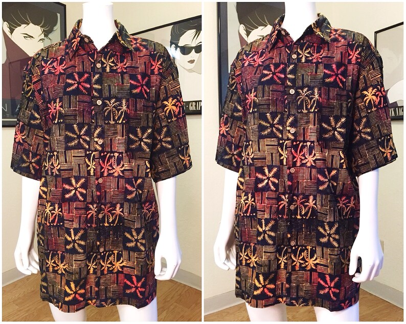 Vintage Shirt Tiki Hawaiian Button Up Black Orange Pink Extra Large XL Large L