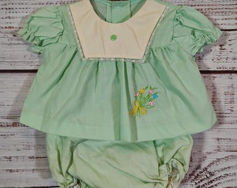 Vintage Baby Set / Infant Dress Shirt Bloomers Outfit / Green White Set / Newborn 0M 3M 3 Months 6M 6 months