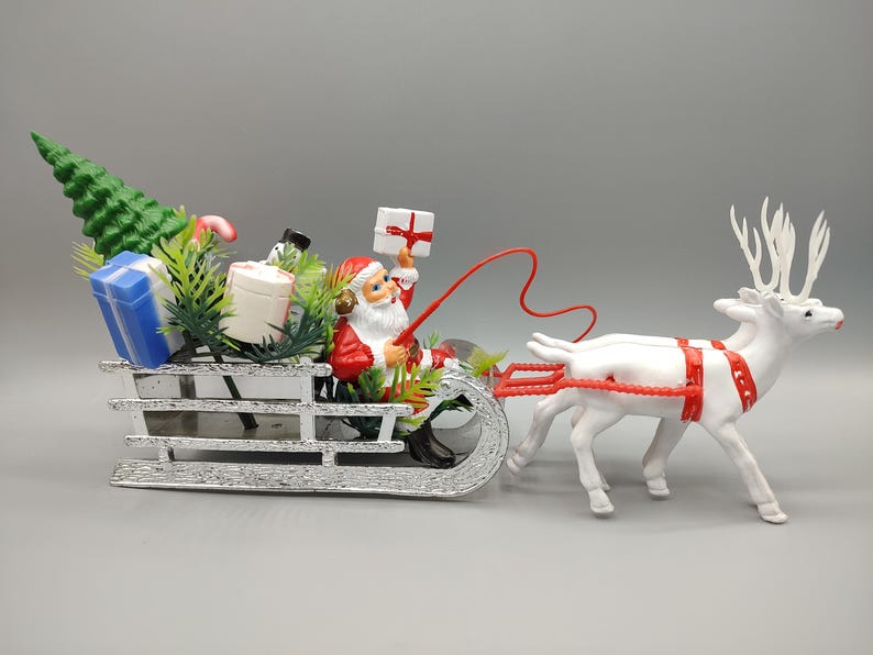 Vintage Plastic Santa Sleigh Reindeer Centerpiece / Decoration