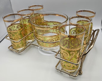 Highball Glasses Set of 6 Ice Bucket Caddy / Mid Century High Ball Glass Cups / 22 Karat Gold Green / Bar Ware Barware / Home Bar / Culver