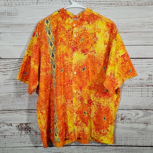 Vintage Shirt / Button Up Shirt / Red Black Orange Flames Tiki Hawaiian / 1990s 90s / Extra Large XL