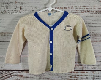 Vintage Toddler Cardigan / Knit Sweater / Retro Baby Sweater / Beige Blue Football / 2T 24M 24 Months