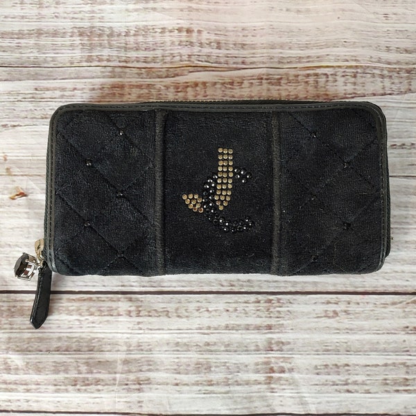 Vintage Juicy Couture Wallet / Blue Black Embroidered Velour Leather / 1990s 90s Y2K