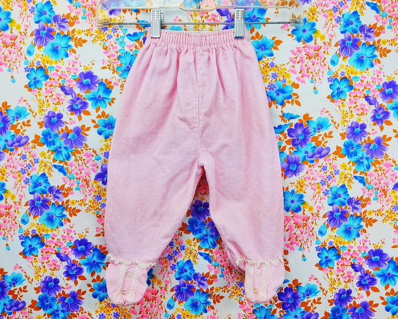 Vintage Baby Pant Corduroy Vintage Pants Infant Pants Footie 1970s 70s Pink White Lace 9M 9 Months 12M 12 Months
