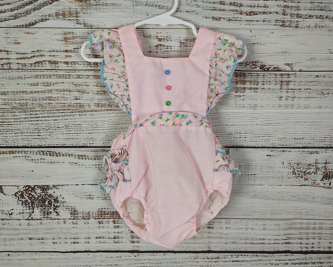Vintage Baby Jumper / Pink Blue Green Overall / Baby Overalls Outfit