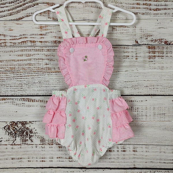 Vintage Toddler Jumper / Size 4 4T / Baby Toddler Overalls /  Pink White Gingham Plaid Cotton Lace / Baby Jumper Overall