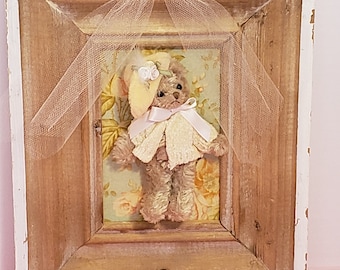 Bear Framed in Wood Baby Room Hanging Decoration Picture Frame Teddy Bear