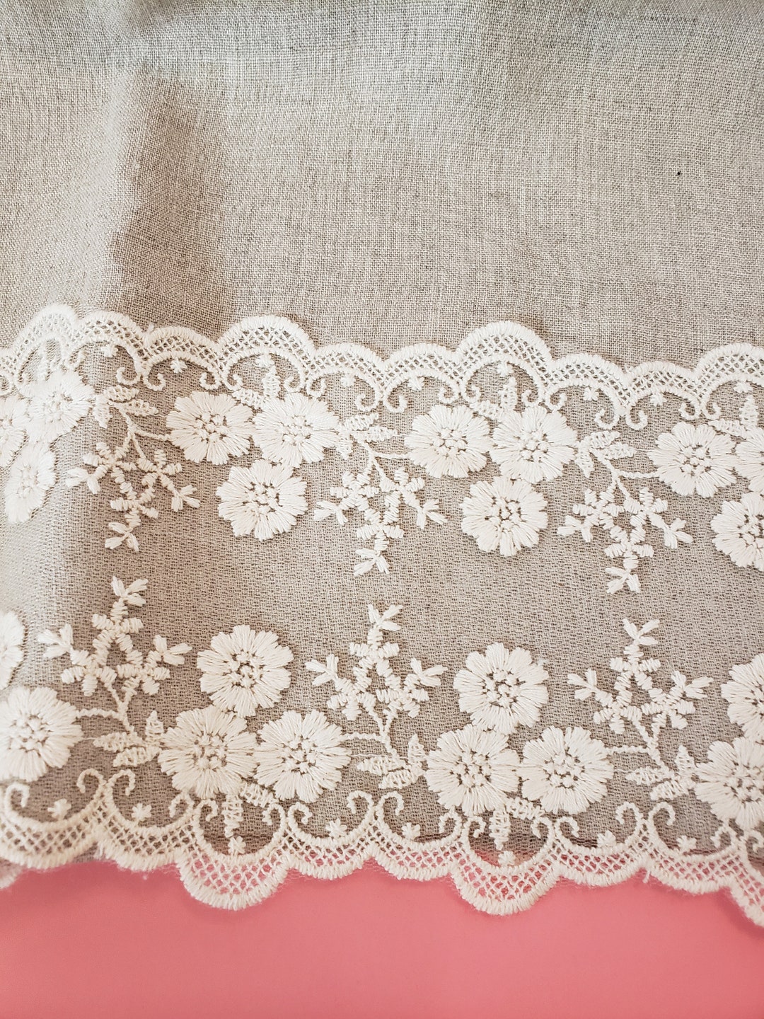 Linen & Lace Trimmed Standard Queen Pillowcase Khaki Linen Ivory 4 1/2