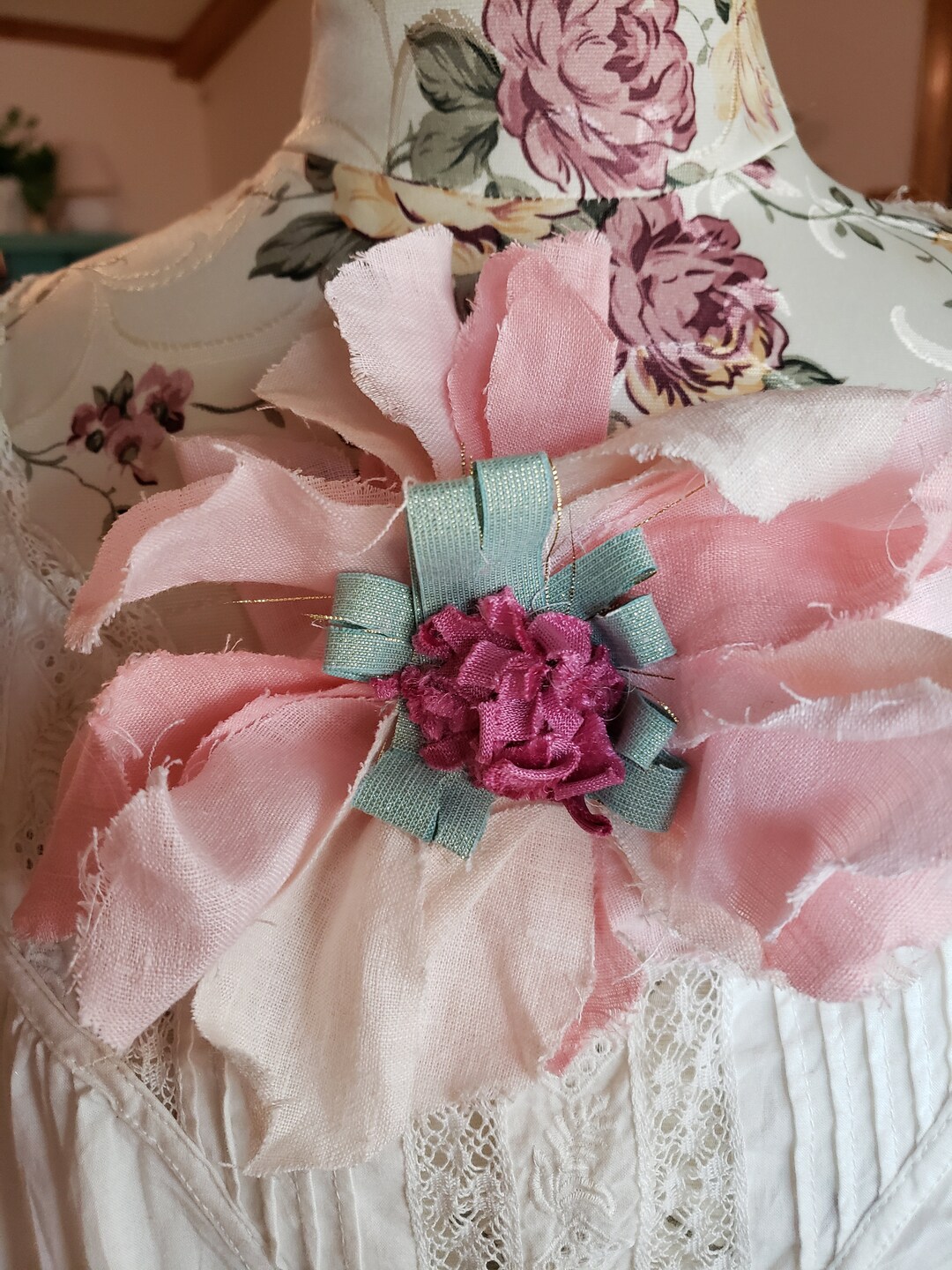 Flower Headpiece Pink Linen and Velvet With Green Leaves Comb Etsy