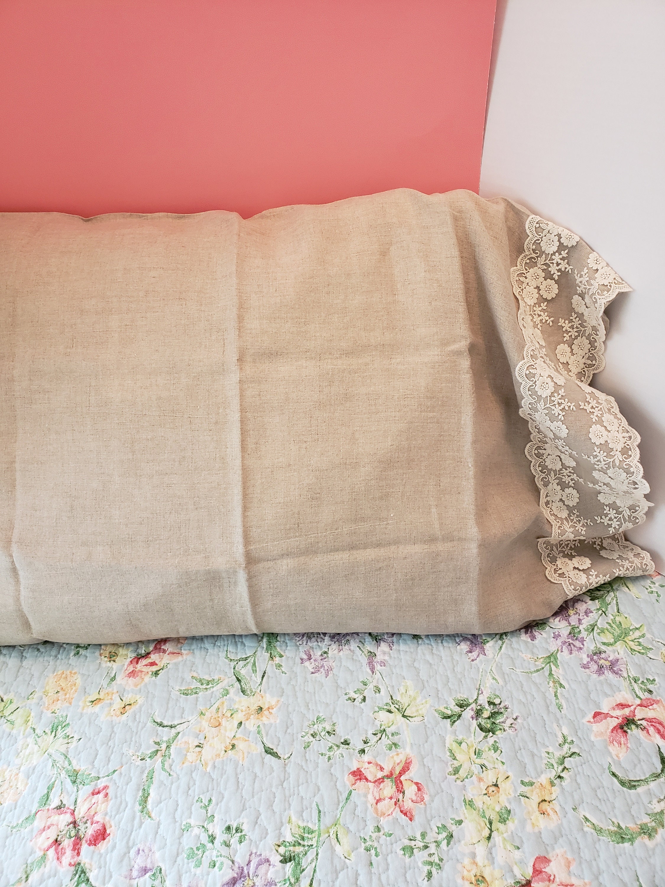 Linen & Lace Trimmed Standard Queen Pillowcase Khaki Linen Ivory 4 1/2