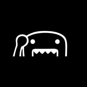May include: A white line drawing of a cartoon monster with a single eye and a large mouth with teeth. The monster has a small arm on the left side of its head.