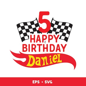 May include: Red and black chequered racing flags with a large red number 5 in the centre. The text "Happy Birthday Daniel" is below the flags in red and black. The text is on a red and yellow flame design.