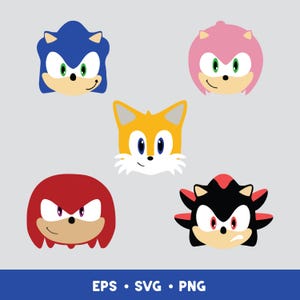 Può includere: Cinque teste di personaggi dei cartoni animati della serie di videogiochi Sonic the Hedgehog. I personaggi sono Sonic, Tails, Knuckles, Amy Rose e Shadow. Ogni personaggio è rappresentato nei suoi colori e pose caratteristici.