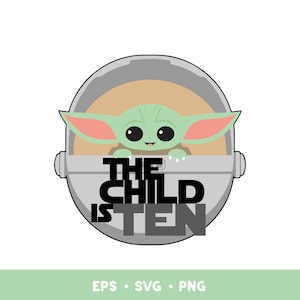 May include: A green alien character with large ears, sitting in a gray pod, with the text "THE CHILD IS TEN" in black.