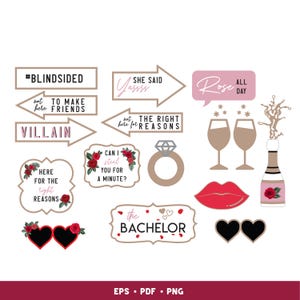 May include: A set of printable photo booth props for a bachelorette party. The props feature a variety of designs, including a ring, a champagne bottle, a pair of sunglasses, a speech bubble with the text "Rose All Day", and a sign that says "The Bachelor".