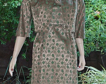 2 Pcs 50s Leslie Fay Original Green Mocha Latte Floral Brocade Cocktail Dress & Jacket