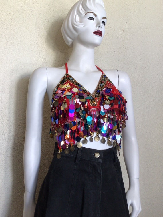 80s Red Gold Dangle Bead Sequin Fringe Tie Halter 