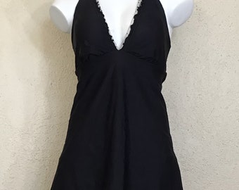 Vintage 90s Polka Dot Swimsuit: Black Halter One Piece