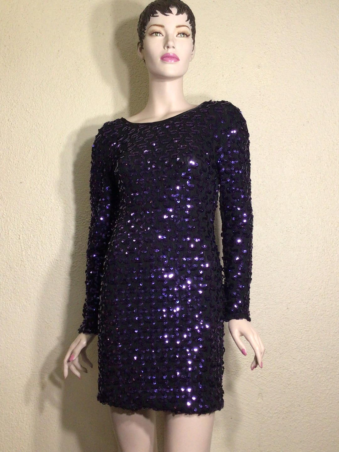 Long Sleeve Purple And Black Sequin Dress Vintage 90s Sequin Mini