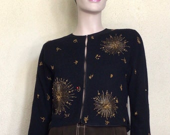 50s Black Gold Sunburst Beaded Rhinestone Quarter Sleeve Cardigan Sweater