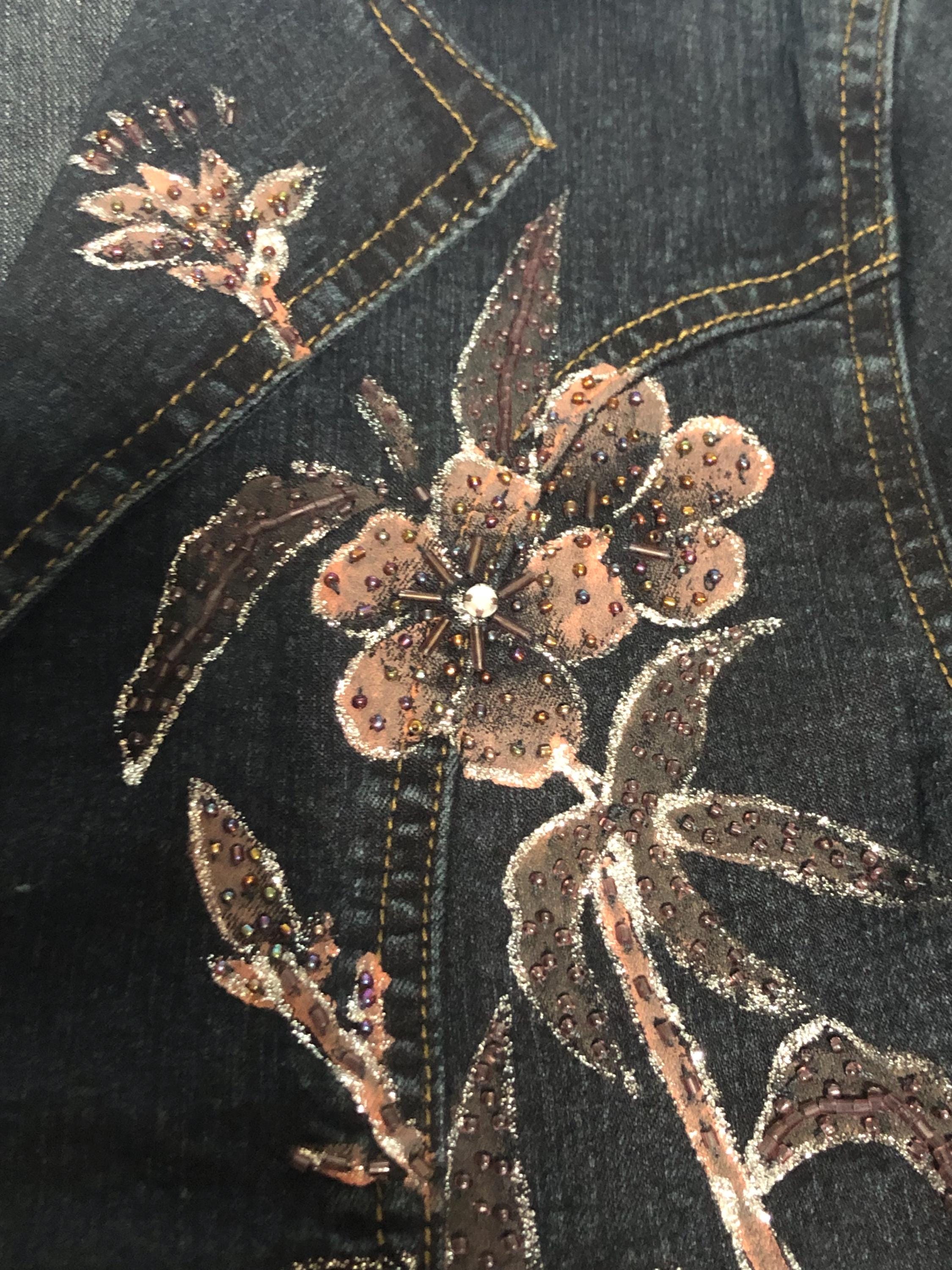 Vintage Y2K Denim Jacket: Beaded Floral, Panzia Jeans, Size S/M - Etsy