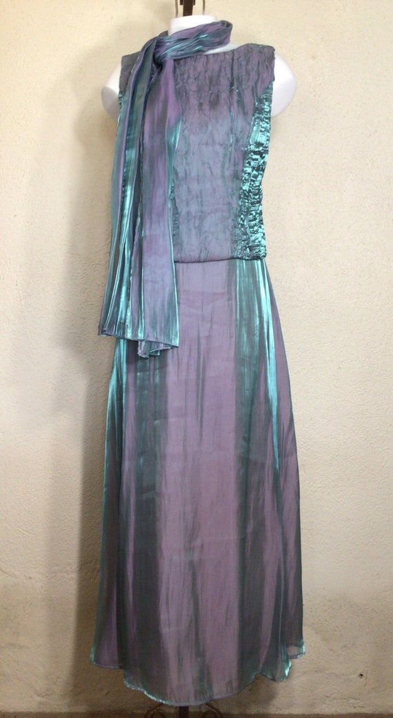 90s Patra Iridescent Bluish Green Sheer Sleeveless Maxi Dress With