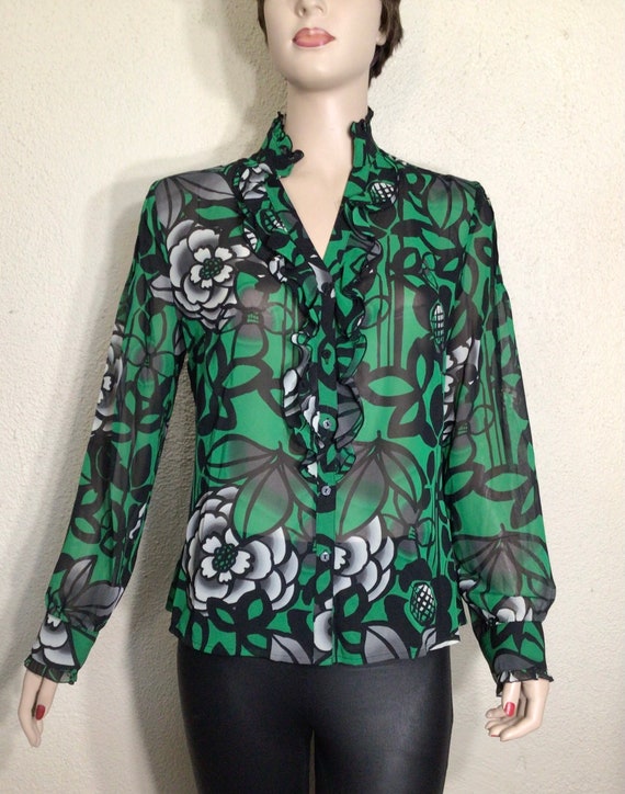 Vintage 80s Mujer Blusa Worthington Negro Verde Blanco Blusa Floral Top Ver a traves del boton Top Blusa de manga larga Acentos de