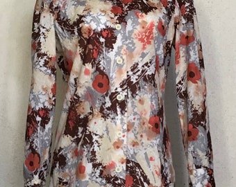 70s Center Stage Brown Orange Multicolor Psychedelic Floral Button Up Blouse Shirt