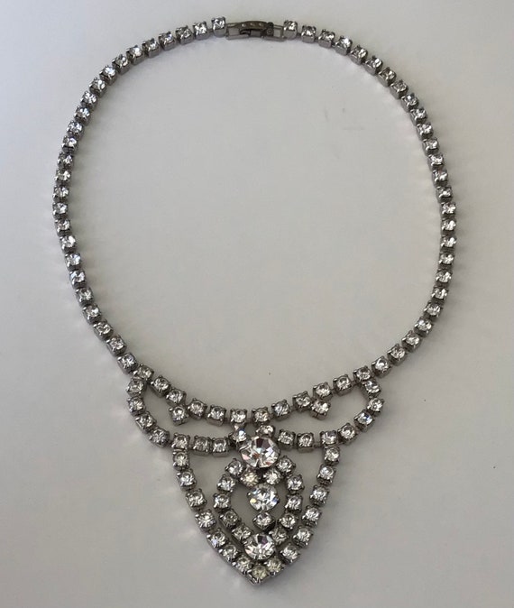 60s Clear Rhinestone Silver Tone Choker Necklace