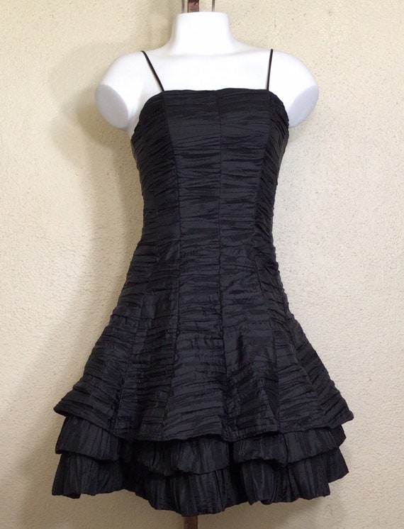 90s Let’s Fashion Black Ruched Ruffled Spaghetti … - image 1