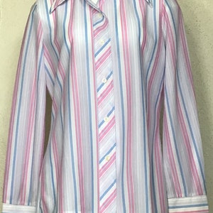 Vintage 70s / MOD Womens / Bodin Knits / Preppy School Girl / Pink White Stripe / Button Up / Long Sleeve / Secretary Blouse / Deadstock NWT