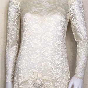Vintage 90s Womens / Ivory White Floral Lace / Rhinestone Buckle / Drop Waist / Two Piece Dress / Cocktail Evening / Wedding Slip Dress