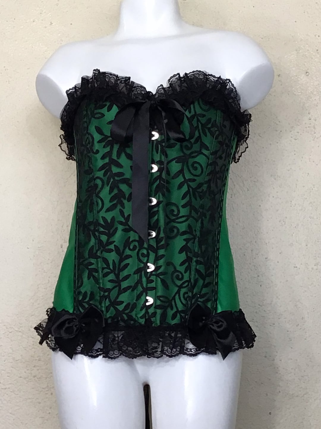 90s Vaacodor Bustier Black Green Lace Ribbon Lace-up Corset 