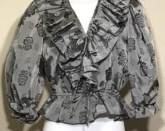 Vintage 80s Floral Blouse: Silver Black Ruffle Top, Puffy Sleeves